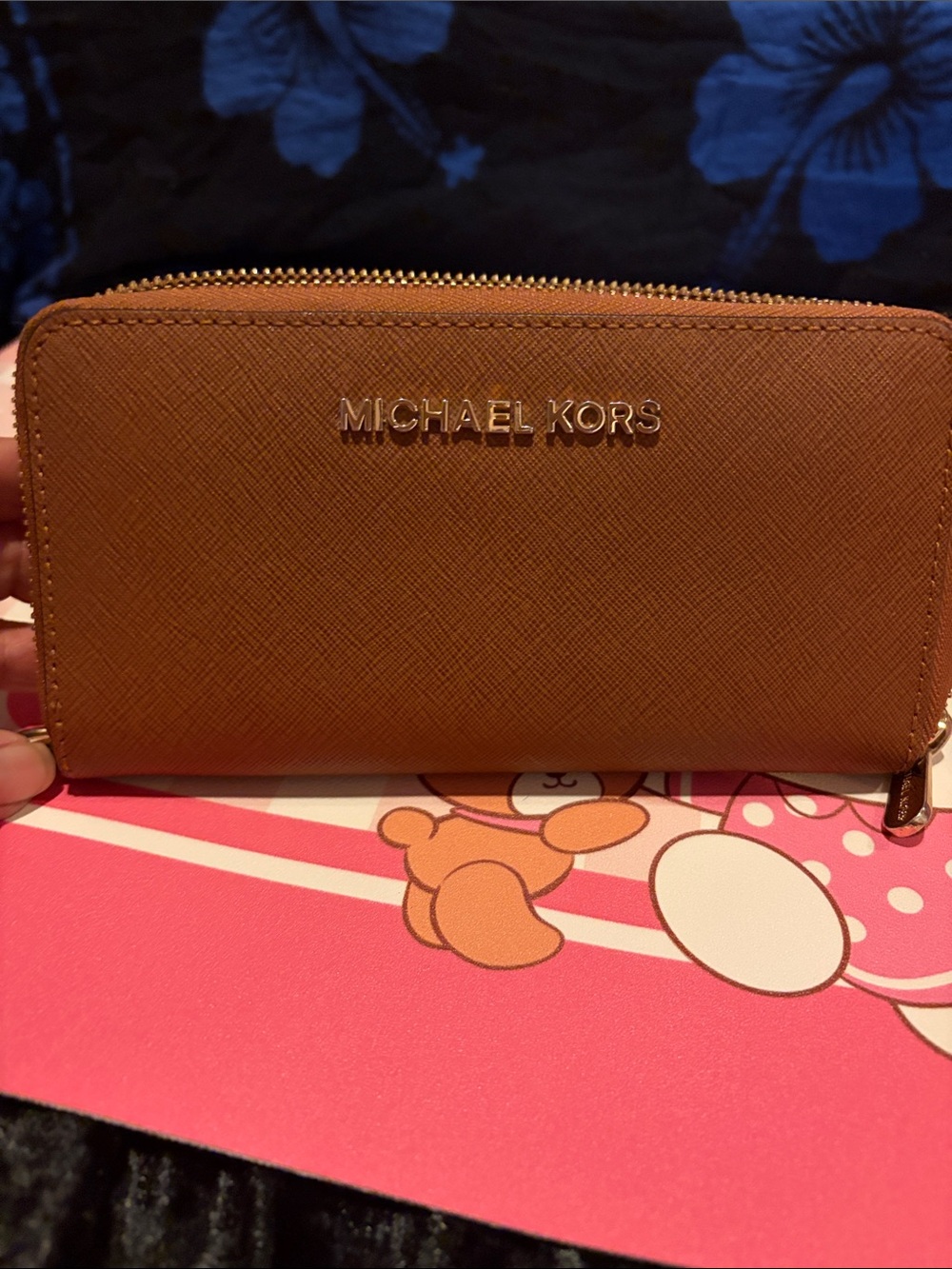 Michael Kors Tan Saffiano Zip Wallet with Gold Logo